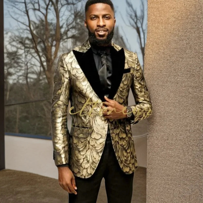 Men's Gold Floral Pattern Blazer with Black Satin Lapel and Single Button Closure