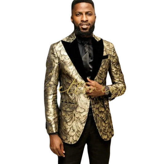 Men's Gold Floral Pattern Blazer with Black Satin Lapel and Single Button Closure