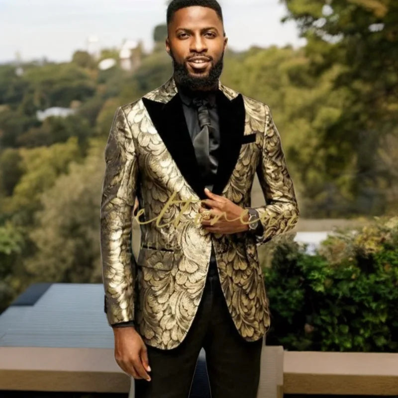 Men's Gold Floral Pattern Blazer with Black Satin Lapel and Single Button Closure