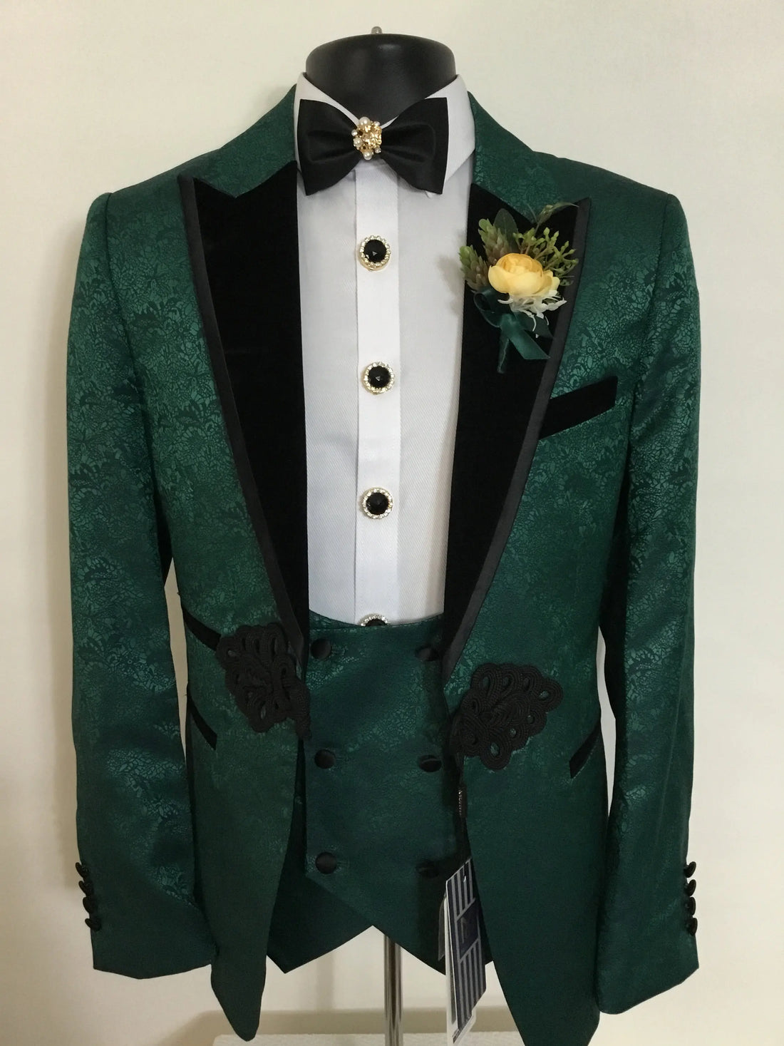 Floral Jacquard Men's Suits For Wedding Slim Fit Groom Wear Chinese Knot Tuxedos 2 Pcs Peak Lapel Blazer Vest Customize