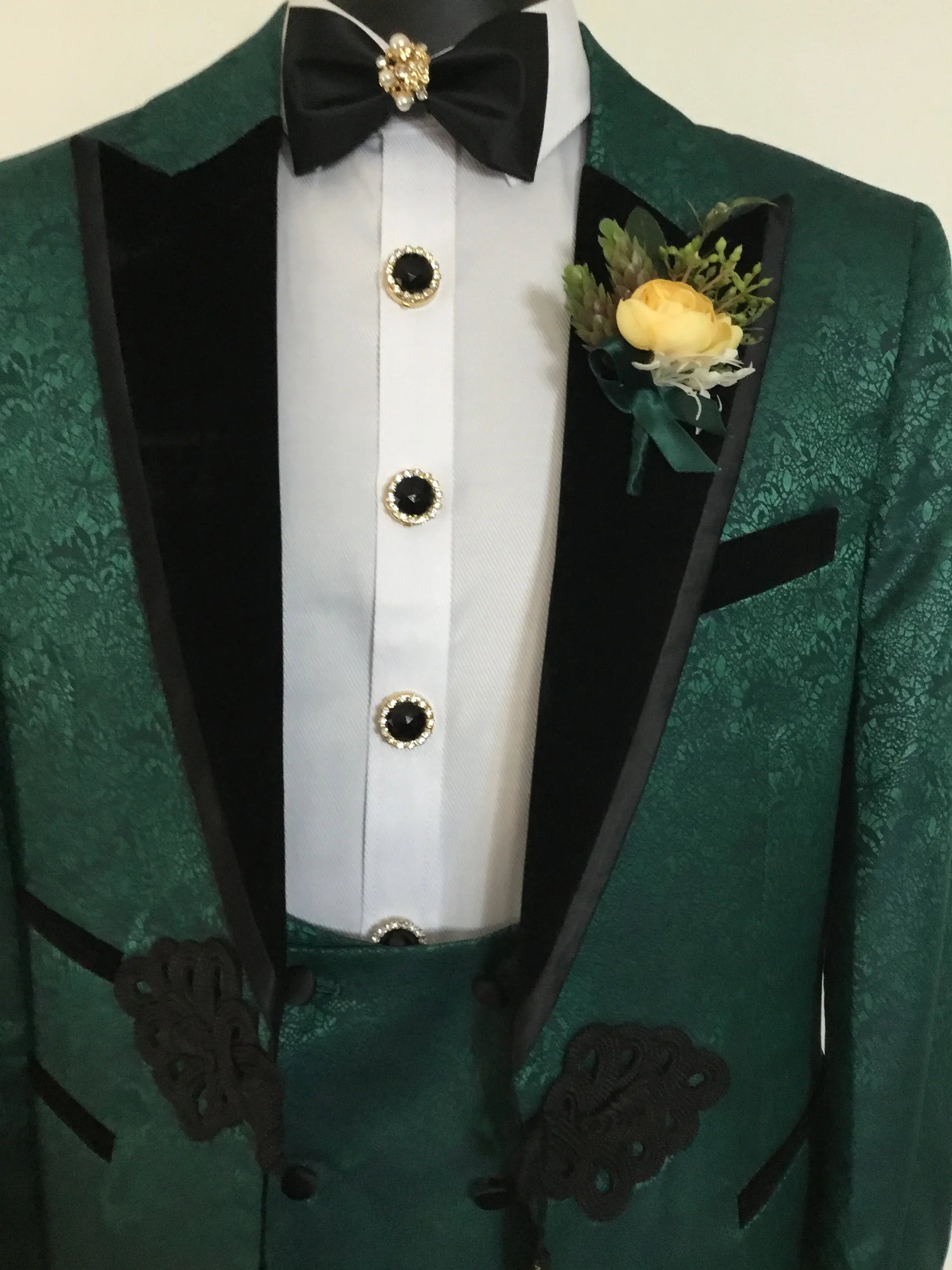 Floral Jacquard Men's Suits For Wedding Slim Fit Groom Wear Chinese Knot Tuxedos 2 Pcs Peak Lapel Blazer Vest Customize