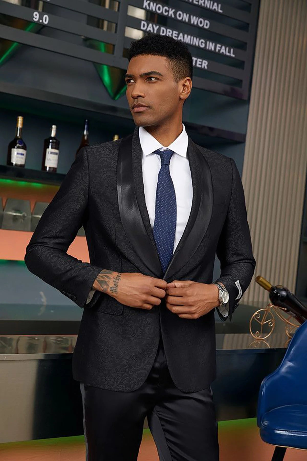 Floral Jacquard Men's Wedding Suit Shawl Lapel Tuxedos Slim Fit One Button Groom Wear 2 Pcs Jacket Pants Business Office