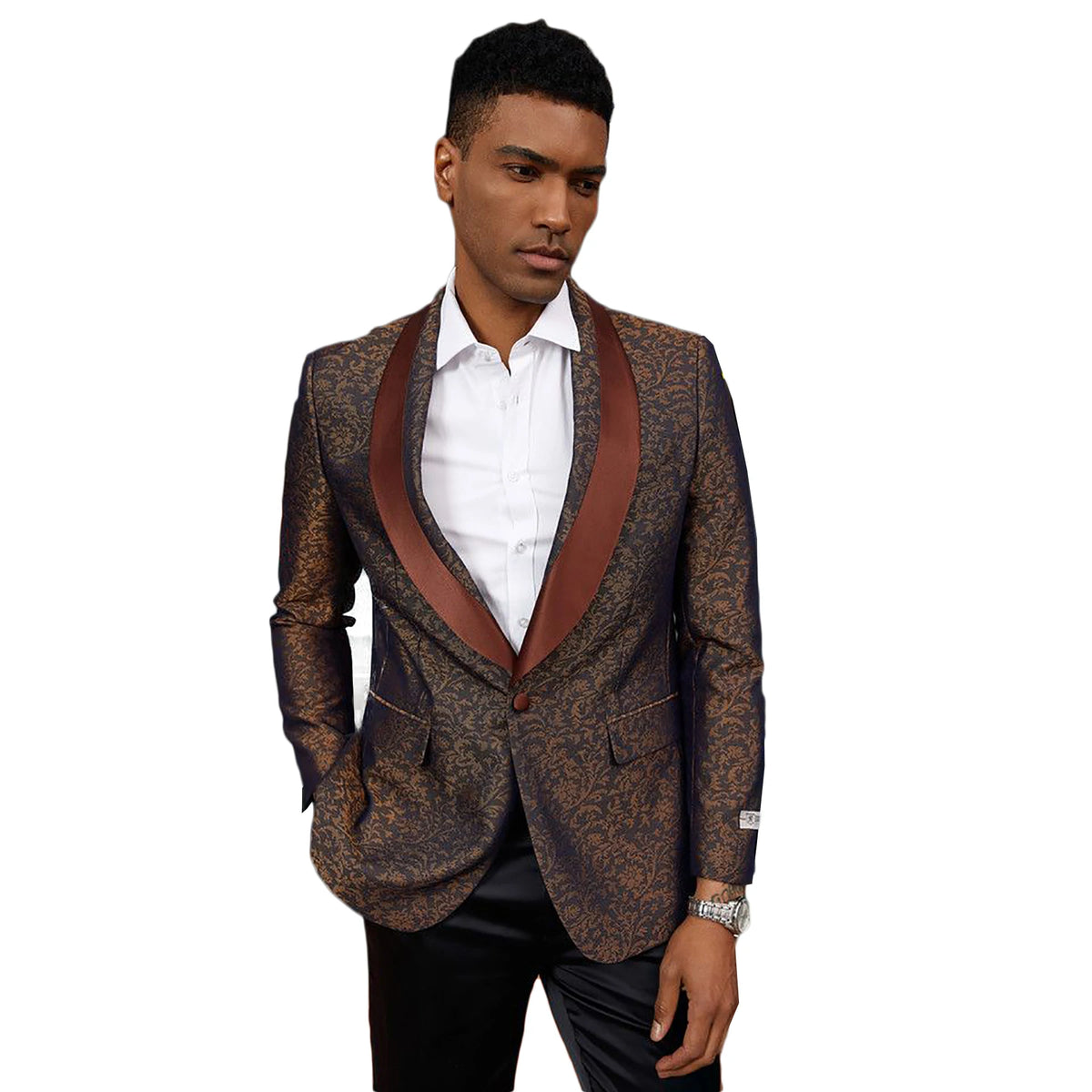 Floral Jacquard Men's Wedding Suit Shawl Lapel Tuxedos Slim Fit One Button Groom Wear 2 Pcs Jacket Pants Business Office