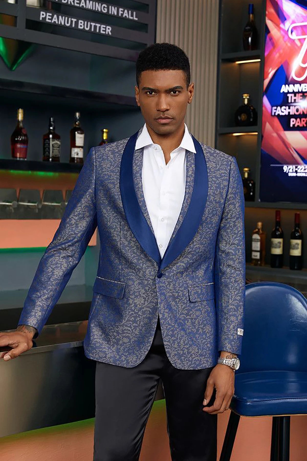 Floral Jacquard Men's Wedding Suit Shawl Lapel Tuxedos Slim Fit One Button Groom Wear 2 Pcs Jacket Pants Business Office