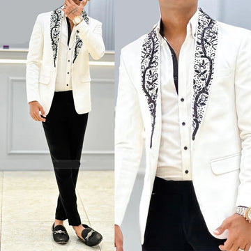 Costume de mariage 2 pièces en jacquard floral pour homme, avec appliques, revers châle, coupe slim, veste et pantalon, personnalisable
