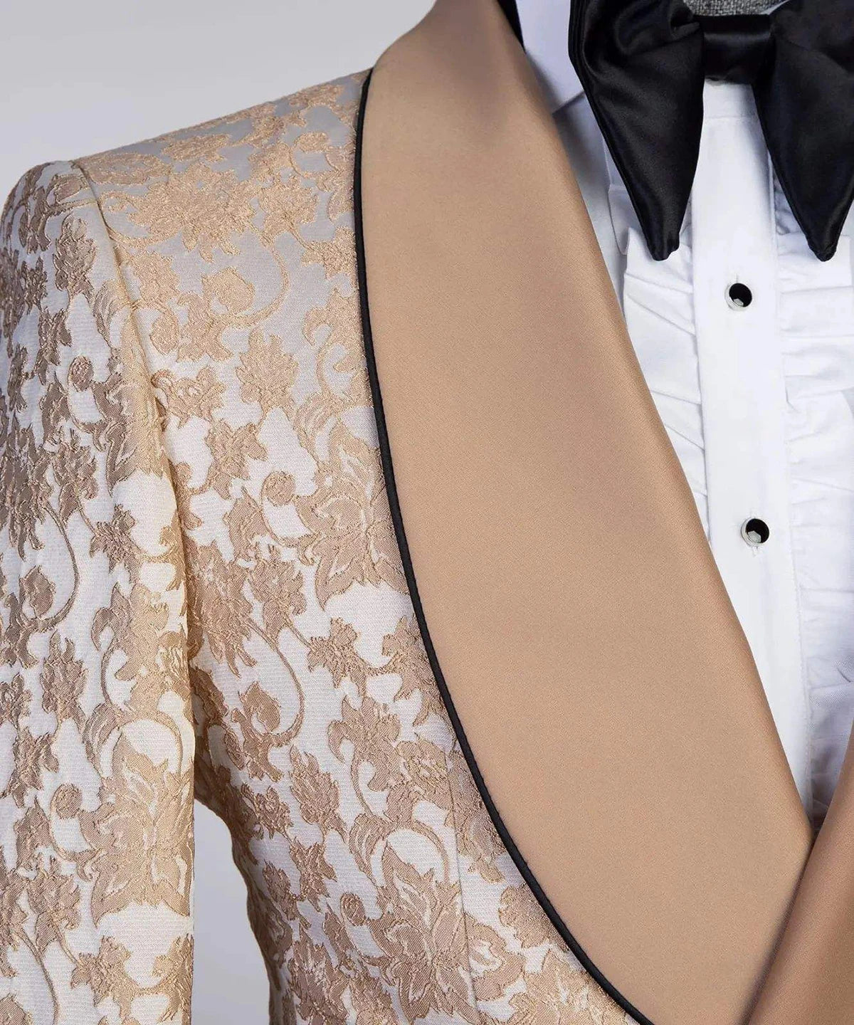 Elegant Floral Jacquard Mens Tuxedo Set Slim Fit Champagne Jacket with Shawl Lapel and Black Pants for Weddings