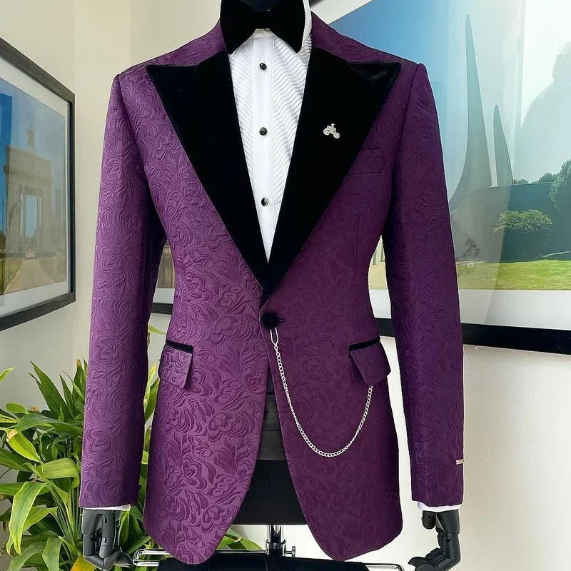 Floral Jacquard Suits For Men Slim Fit 2 Pcs Velvet Peaked Lapel Wedding Tuxedo Custom Made Prom Party Suit Jacket With Pants