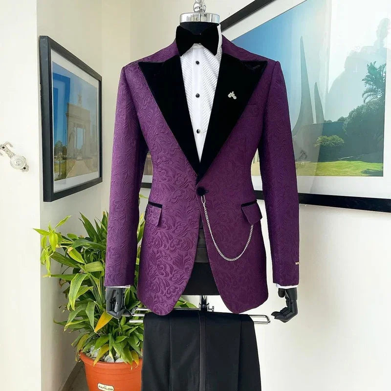 Floral Jacquard Suits For Men Slim Fit 2 Pcs Velvet Peaked Lapel Wedding Tuxedo Custom Made Prom Party Suit Jacket With Pants