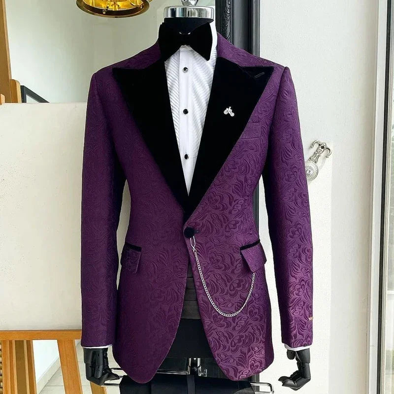 Floral Jacquard Suits For Men Slim Fit 2 Pcs Velvet Peaked Lapel Wedding Tuxedo Custom Made Prom Party Suit Jacket With Pants