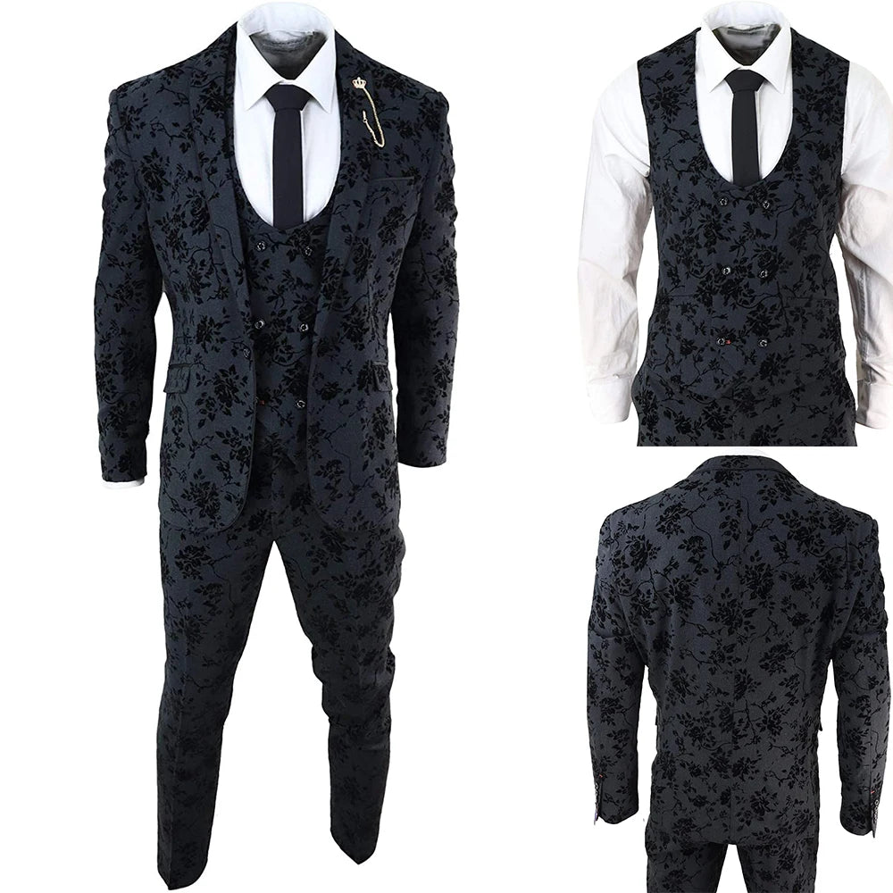 Floral Jacquard Wedding Suits For Men Shawl Lapel Tuxedos Slim Fit Groom Wear Business Office 3 Pieces Jacket Pants And Vest