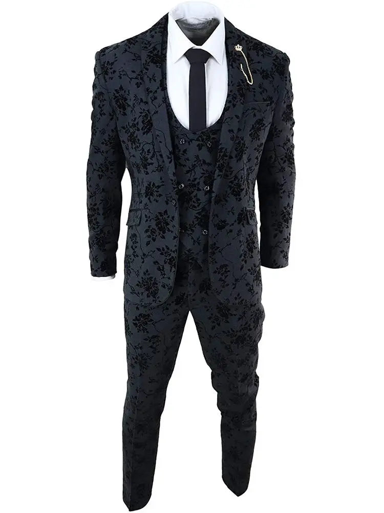 Floral Jacquard Wedding Suits For Men Shawl Lapel Tuxedos Slim Fit Groom Wear Business Office 3 Pieces Jacket Pants And Vest