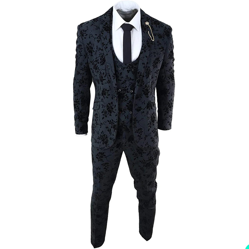 Floral Jacquard Wedding Suits For Men Shawl Lapel Tuxedos Slim Fit Groom Wear Business Office 3 Pieces Jacket Pants And Vest