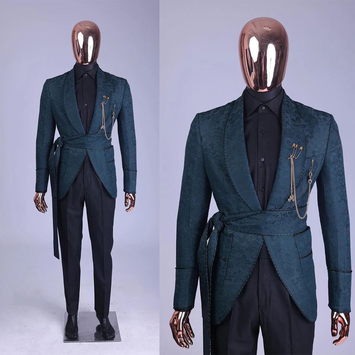 Floral Jacquard Wedding Suits For Men Shawl Lapel Tuxedos Slim Fit Groom Wear With Belt Evening Party 2 Pieces Jacket Pants