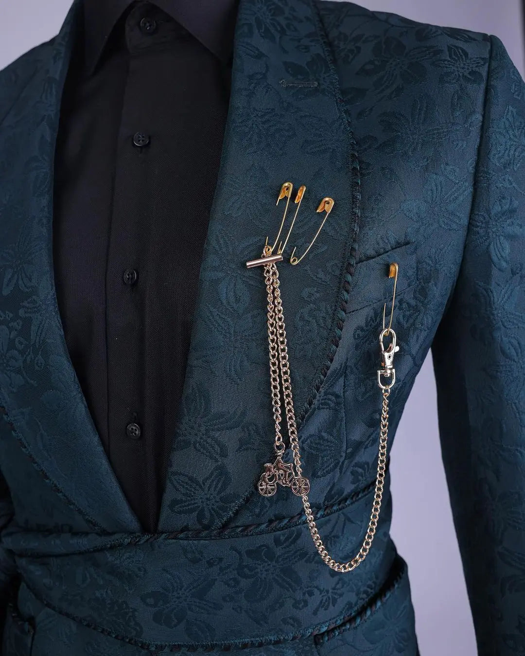 Floral Jacquard Wedding Suits For Men Shawl Lapel Tuxedos Slim Fit Groom Wear With Belt Evening Party 2 Pieces Jacket Pants