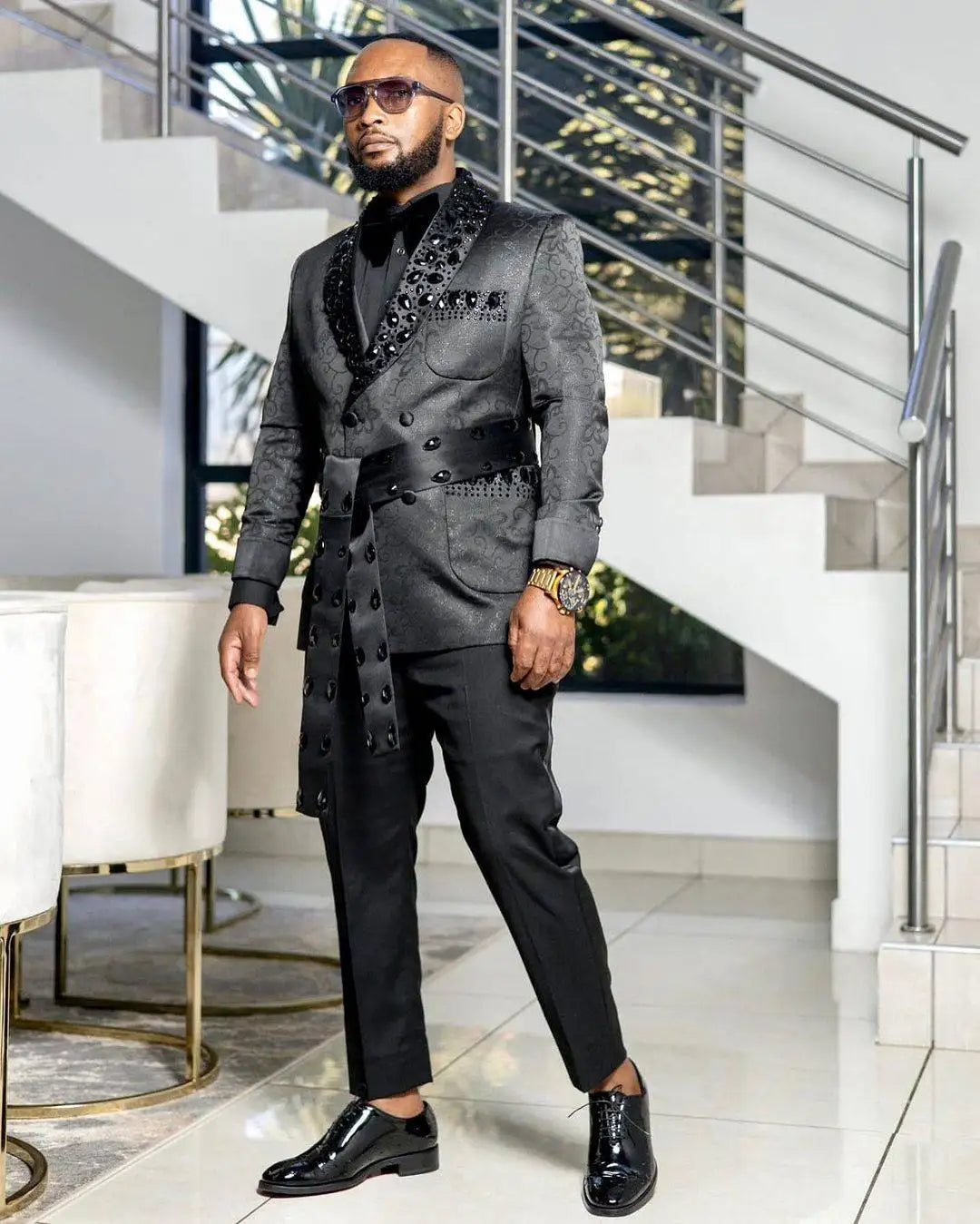 Costume 2 pièces pour homme, motif floral, smoking de mariage, veste à revers châle et perles, tenue de soirée pour anniversaire, bal de promo
