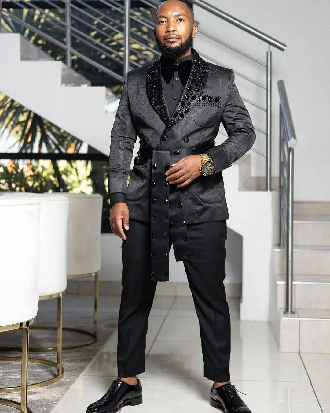 Costume 2 pièces pour homme, motif floral, smoking de mariage, veste à revers châle et perles, tenue de soirée pour anniversaire, bal de promo