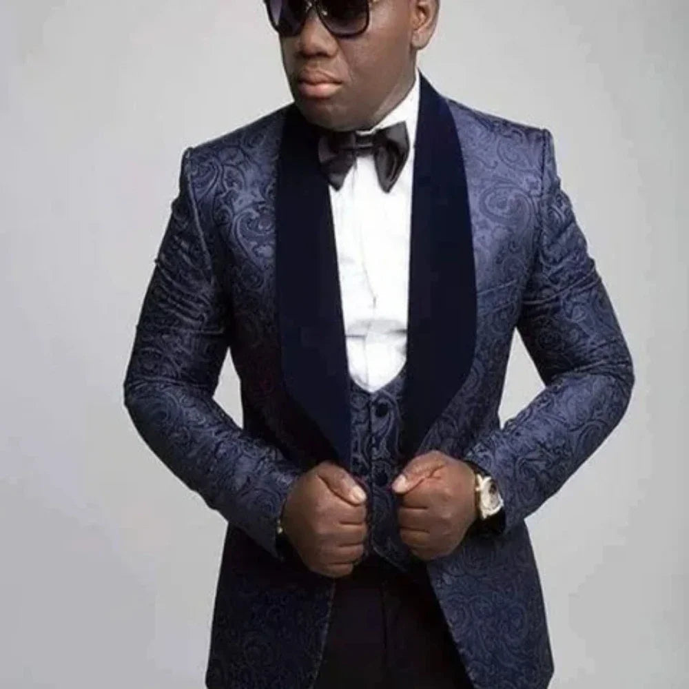 Floral Pattern Suits for Mens Wedding Groom Tuxedo with Velvet Shawl Lapel Slim Fit Fashion Blazer 3 Pieces African Costume