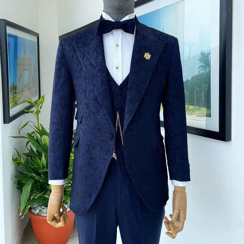 Floral Pattern Tuxedo Suits For Men Wedding Slim Fit Peak Lapel Custom Jacquard Blazer 3 Piece (Blazer + Vest + Pants)