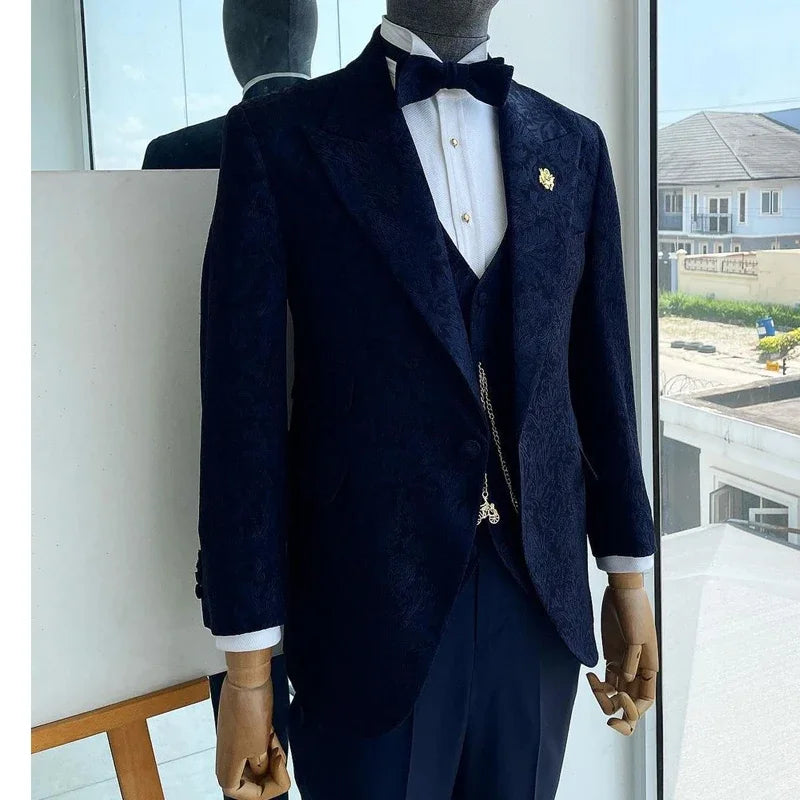 Floral Pattern Tuxedo Suits For Men Wedding Slim Fit Peak Lapel Custom Jacquard Blazer 3 Piece (Blazer + Vest + Pants)