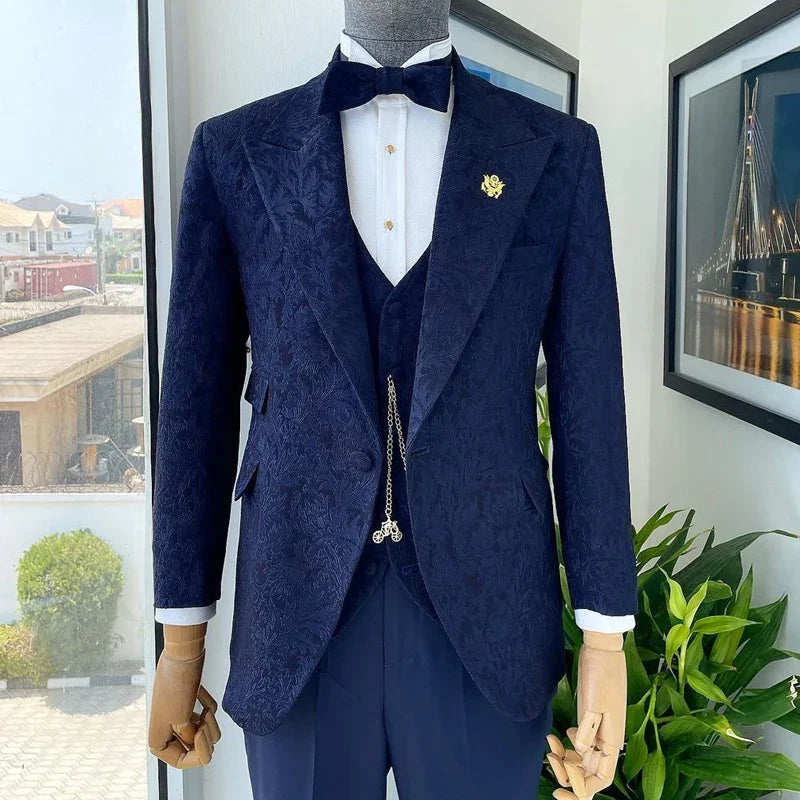 Floral Pattern Tuxedo Suits For Men Wedding Slim Fit Peak Lapel Custom Jacquard Blazer 3 Piece (Blazer + Vest + Pants)