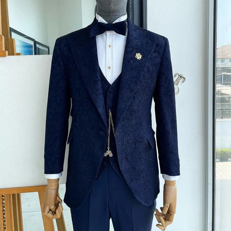 Costume smoking à motif floral pour homme, coupe slim, revers en pointe, blazer jacquard personnalisé, 3 pièces (blazer, gilet et pantalon)
