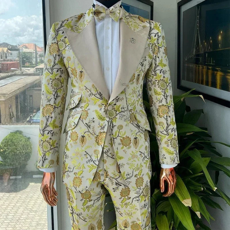 Floral Suits For Men Slim Fit 2 Pcs Jacquard Wedding Groom Tuxedo Custom Male Fashion Costume  (Jacket + Pants)