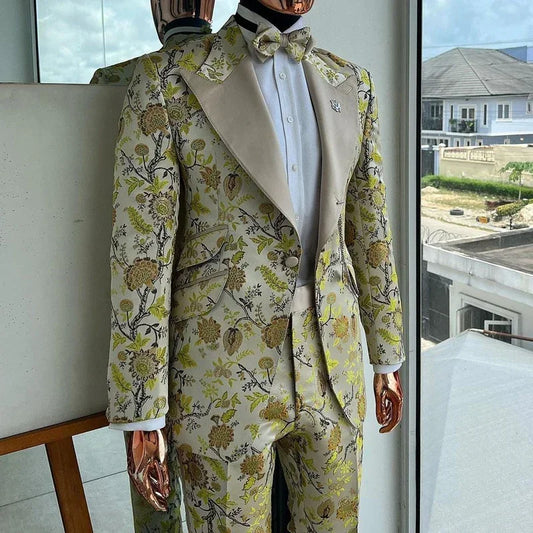 Floral Suits For Men Slim Fit 2 Pcs Jacquard Wedding Groom Tuxedo Custom Male Fashion Costume  (Jacket + Pants)