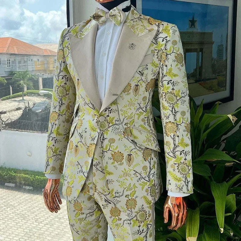 Floral Suits For Men Slim Fit 2 Pcs Jacquard Wedding Groom Tuxedo Custom Male Fashion Costume  (Jacket + Pants)