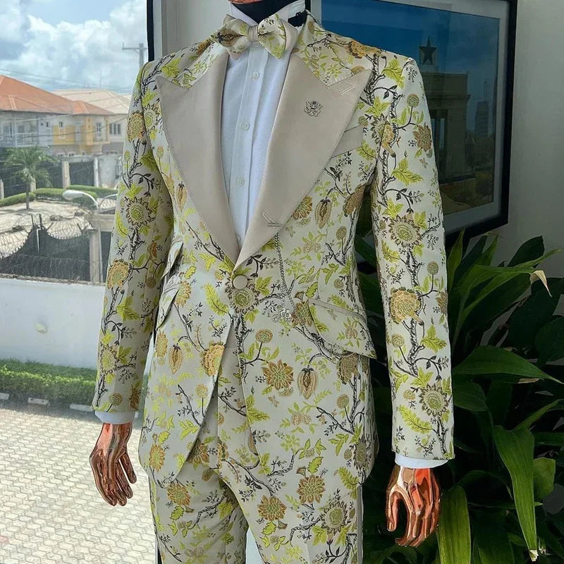 Floral Suits For Men Slim Fit 2 Pcs Jacquard Wedding Groom Tuxedo Custom Male Fashion Costume  (Jacket + Pants)