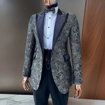 Floral Suits Wedding Groom Tuxedo For Men Slim Fit 2 Pcs Peaked Lapel Custom Made Male Fashion Costume (Jacket + Pants)