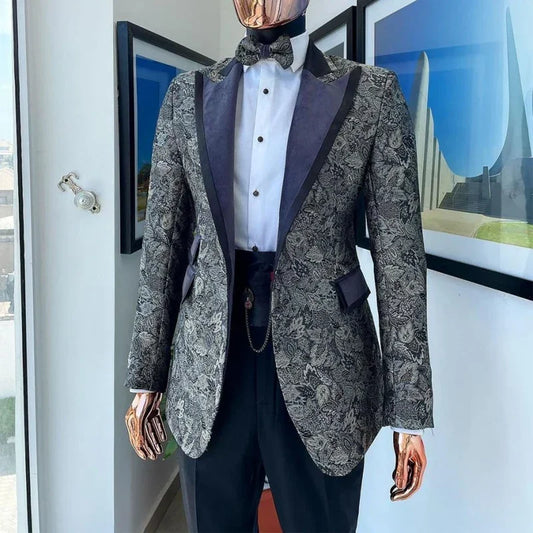 Floral Suits Wedding Groom Tuxedo For Men Slim Fit 2 Pcs Peaked Lapel Custom Made Male Fashion Costume (Jacket + Pants)