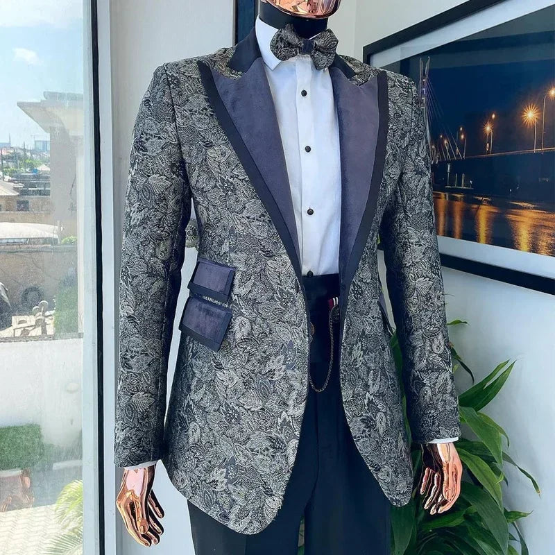 Floral Suits Wedding Groom Tuxedo For Men Slim Fit 2 Pcs Peaked Lapel Custom Made Male Fashion Costume (Jacket + Pants)