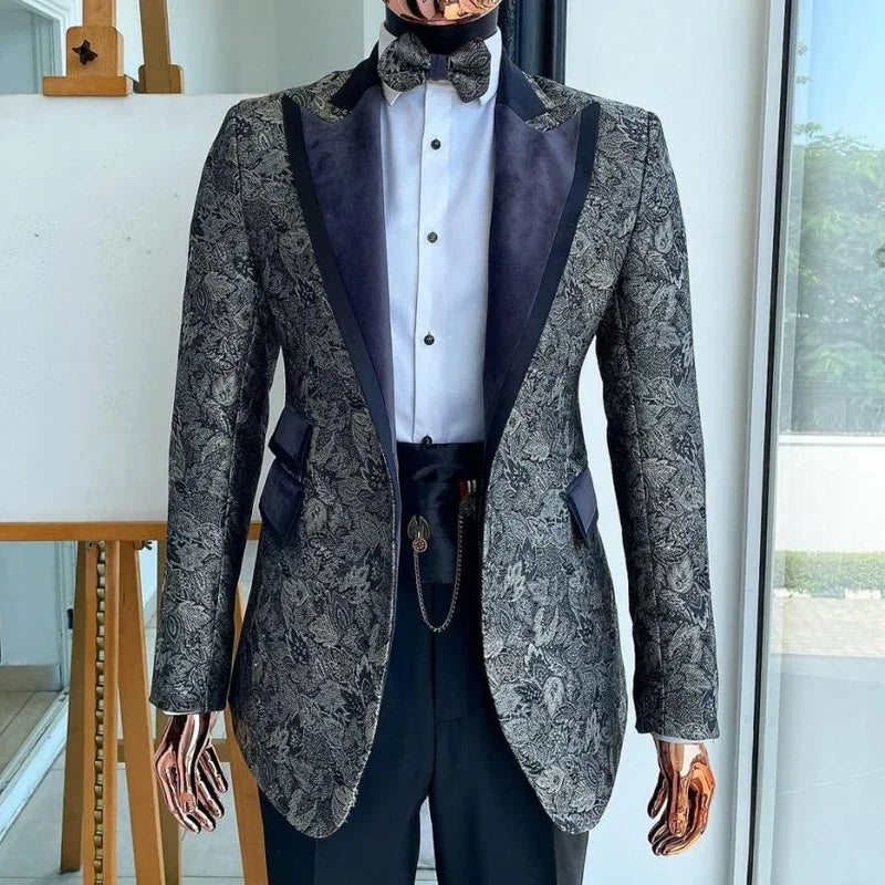 Floral Suits Wedding Groom Tuxedo For Men Slim Fit 2 Pcs Peaked Lapel Custom Made Male Fashion Costume (Jacket + Pants)