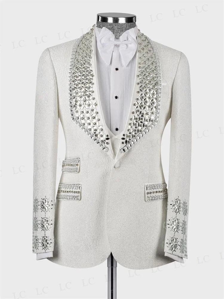 Costume de mariage élégant à fleurs pour homme avec perles en cristal, ensemble deux pièces blazer et gilet, parfait pour les occasions formelles, taille plus sur mesure disponible