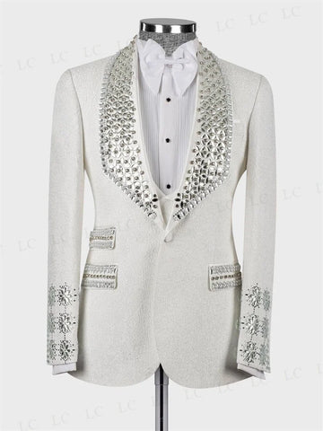 Elegant Floral Wedding Suit for Men with Crystal Beading, Two-Piece Blazer and Vest Set, Perfect for Formal Occasions, Tailored Plus Size Available