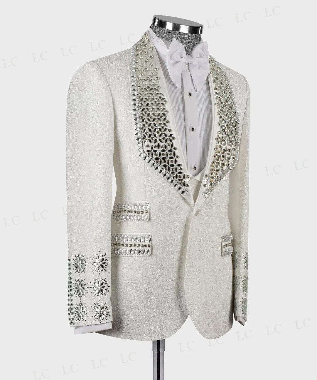 Elegant Floral Wedding Suit for Men with Crystal Beading, Two-Piece Blazer and Vest Set, Perfect for Formal Occasions, Tailored Plus Size Available