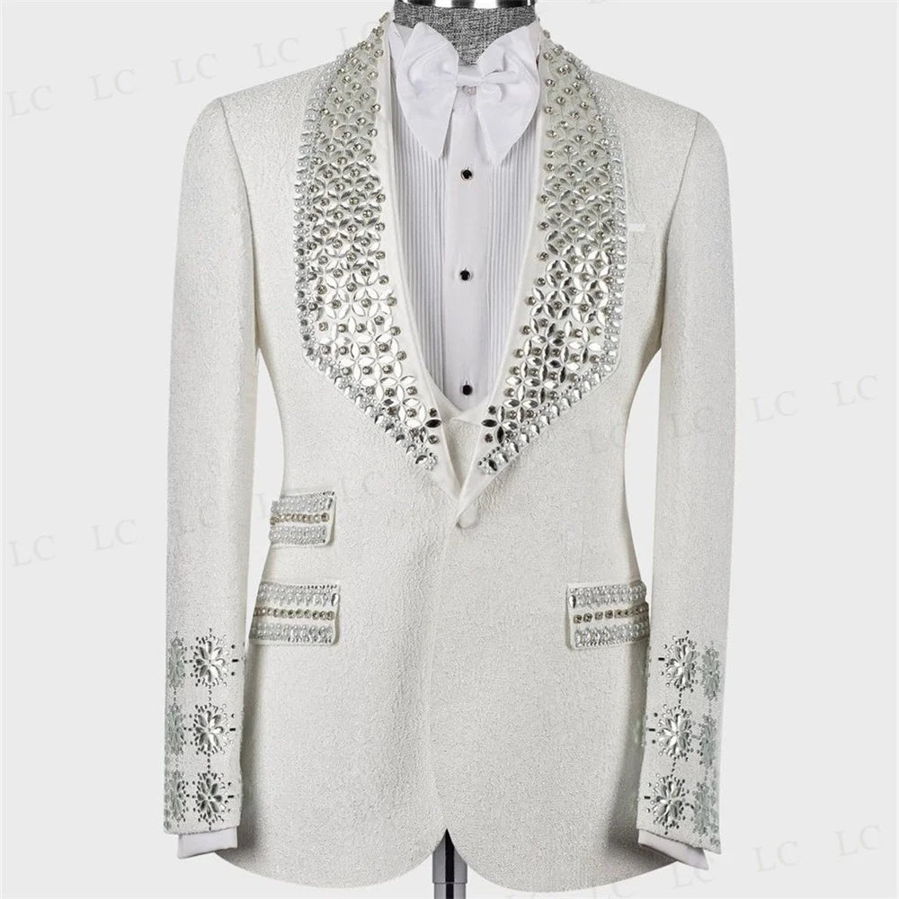 Elegant Floral Wedding Suit for Men with Crystal Beading, Two-Piece Blazer and Vest Set, Perfect for Formal Occasions, Tailored Plus Size Available