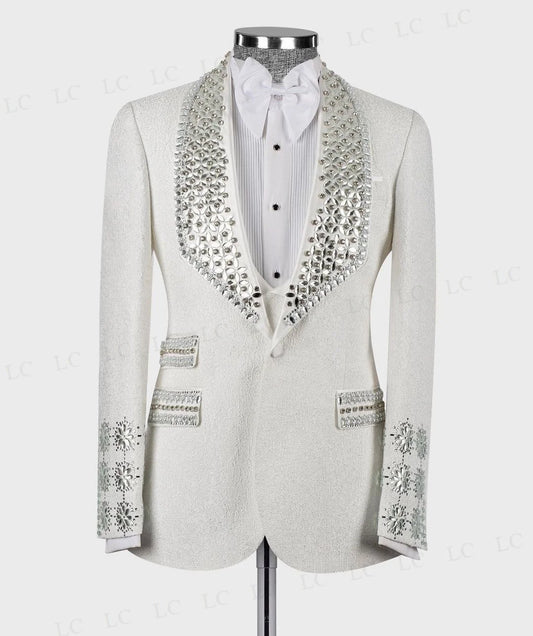 Elegant Floral Wedding Suit for Men with Crystal Beading, Two-Piece Blazer and Vest Set, Perfect for Formal Occasions, Tailored Plus Size Available