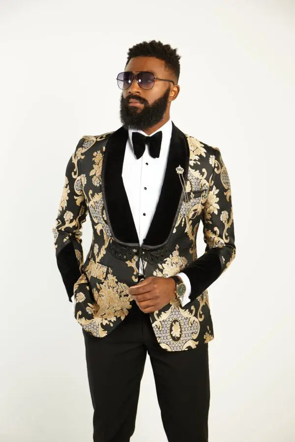 Costume de mariage à fleurs pour hommes, smoking formel à revers châle à fleurs dorées, costume 2 pièces pour homme, coupe slim