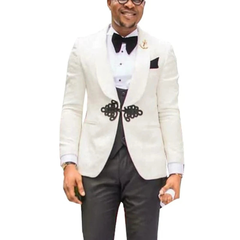 Floral Wedding Tuxedo Slim Fit Formal Suit with Chinese Buttons Shawl Lapel Custom Wedding Groom Tuxedo (Jacket + Vest + Pants)