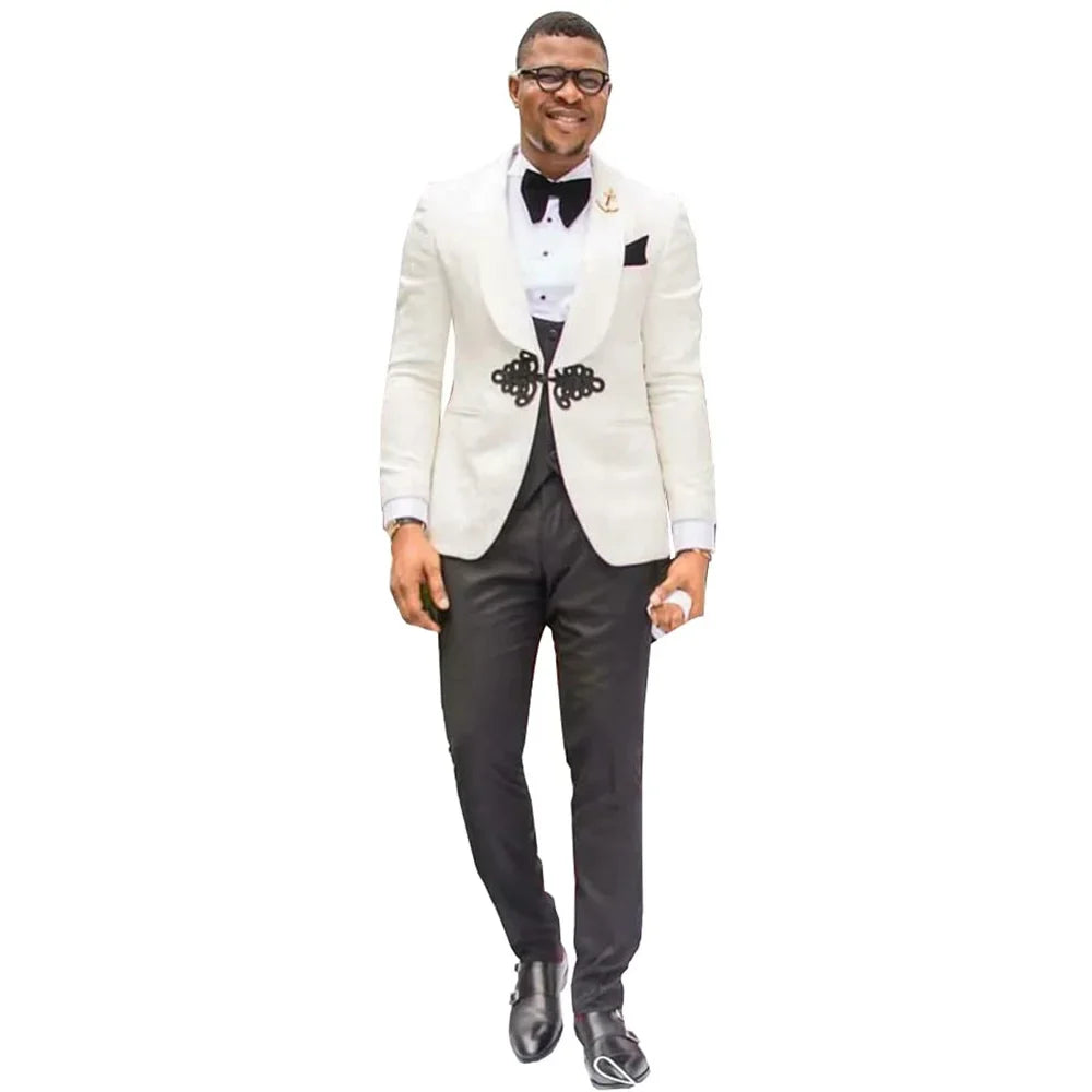 Floral Wedding Tuxedo Slim Fit Formal Suit with Chinese Buttons Shawl Lapel Custom Wedding Groom Tuxedo (Jacket + Vest + Pants)