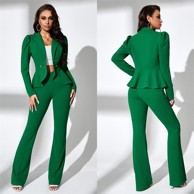 Conjunto de traje con volantes para mujer, blazer y pantalón, 2 piezas, verde, formal, a medida, para oficina, vestido de graduación, boda, esmoquin. 