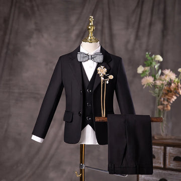 Boys Three Piece Black Suit with Bow Tie and Flower Lapel Pin