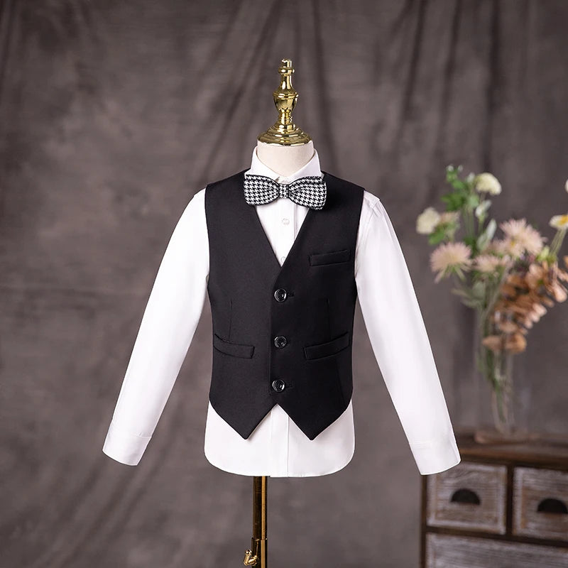 Boys Three Piece Black Suit with Bow Tie and Flower Lapel Pin