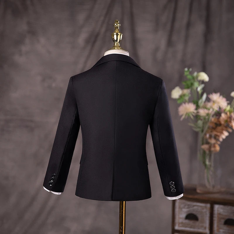 Boys Three Piece Black Suit with Bow Tie and Flower Lapel Pin