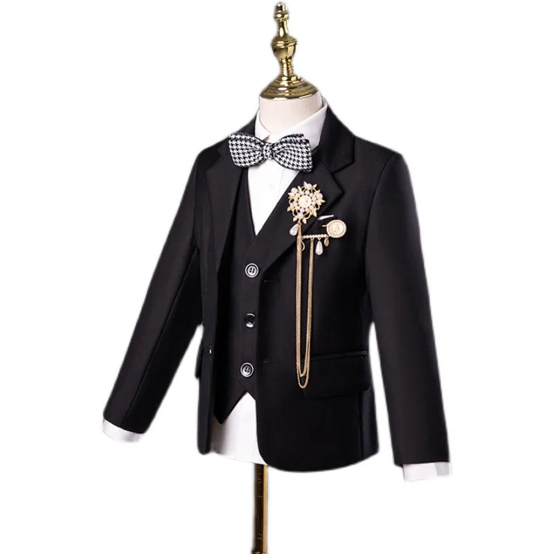 Boys Three Piece Black Suit with Bow Tie and Flower Lapel Pin