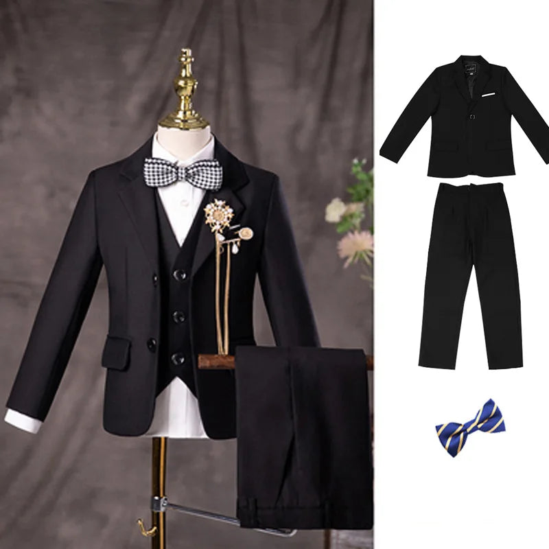 Boys Three Piece Black Suit with Bow Tie and Flower Lapel Pin