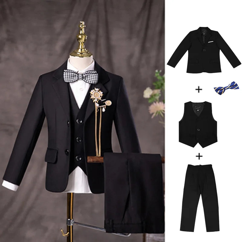 Boys Three Piece Black Suit with Bow Tie and Flower Lapel Pin