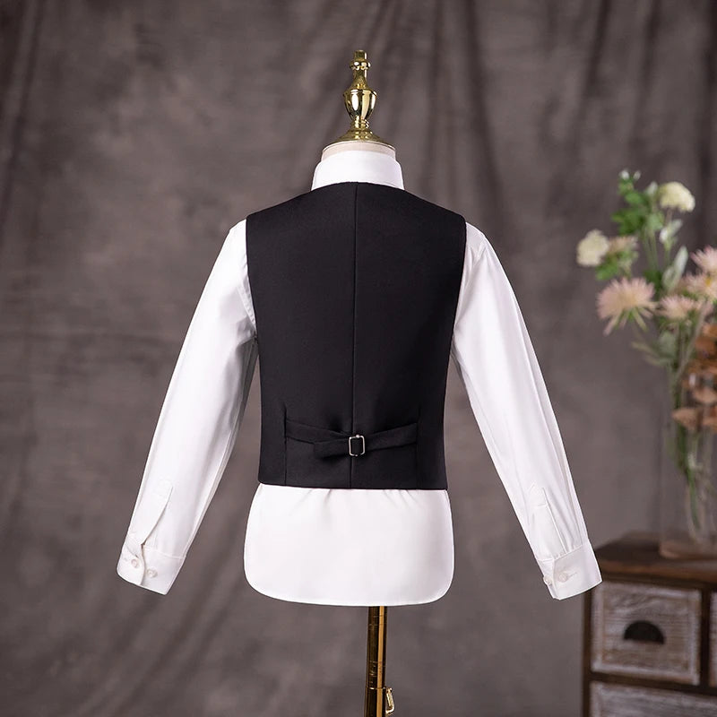 Boys Three Piece Black Suit with Bow Tie and Flower Lapel Pin