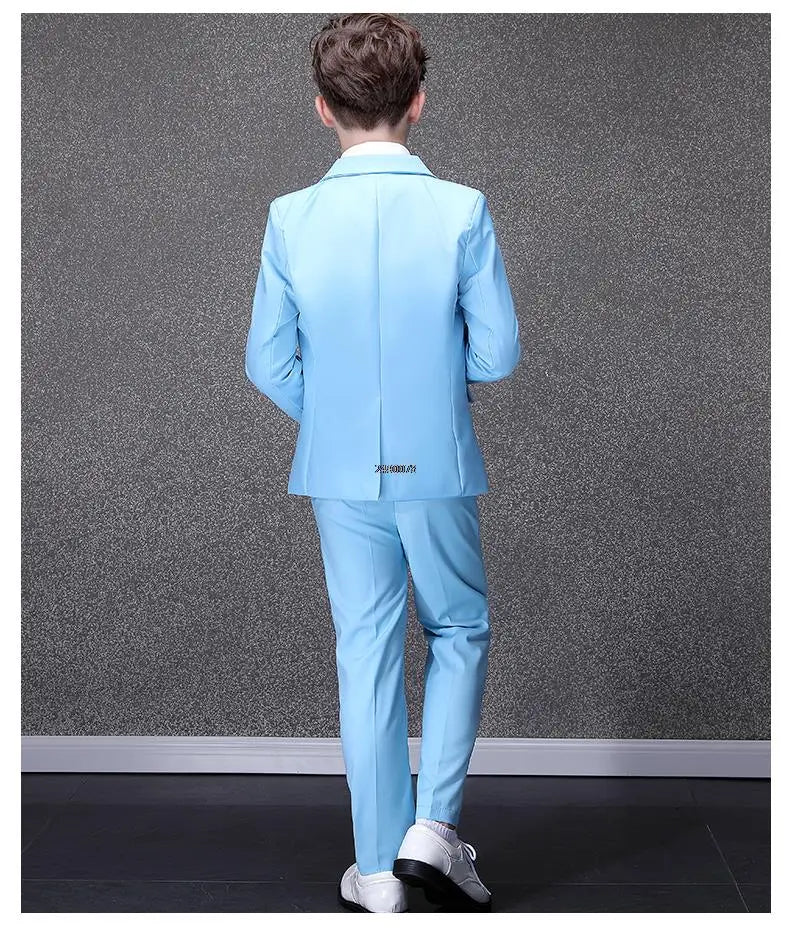 Boys Light Blue Three Piece Suit with Bow Tie and Decorative Chain